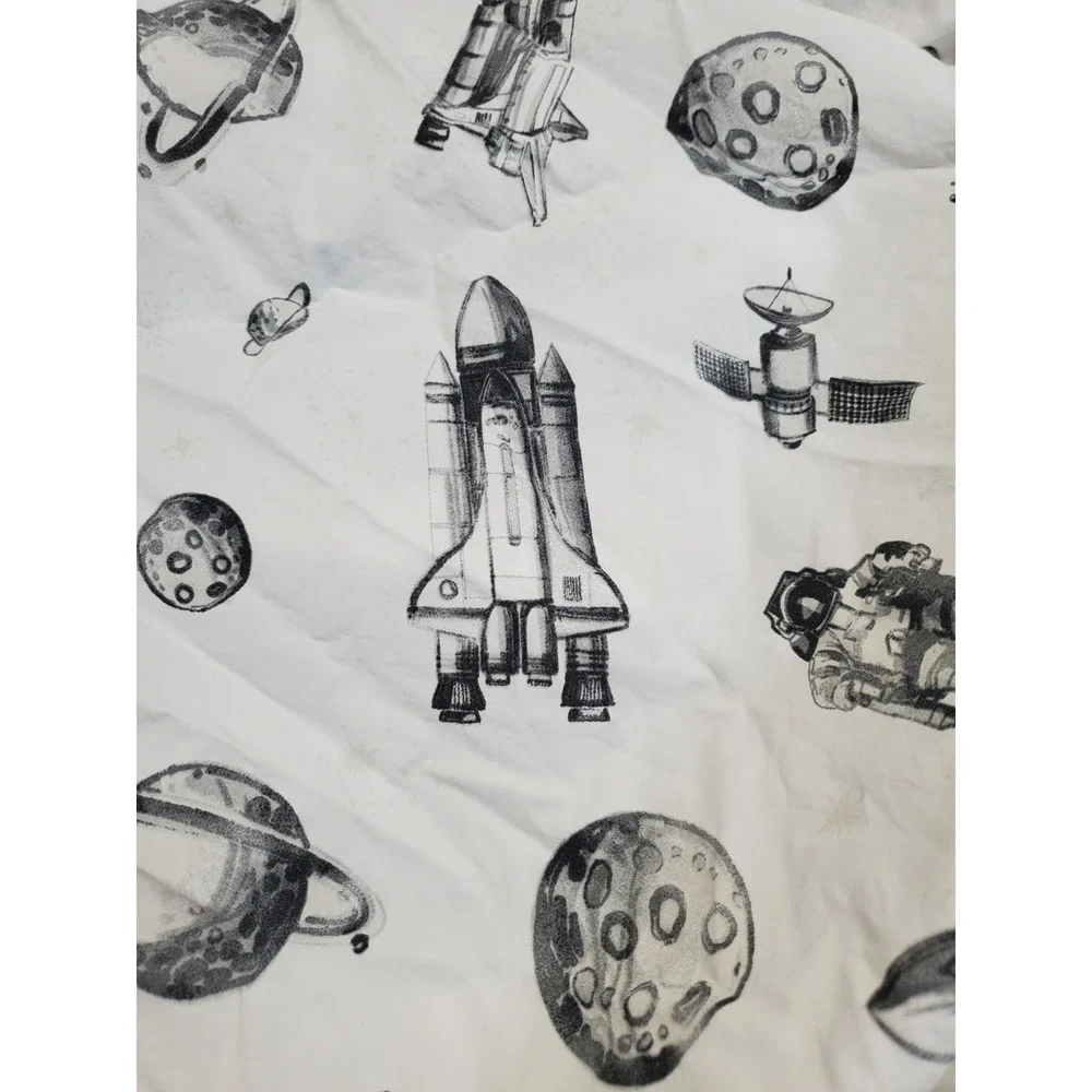 Pottery Barn Kids White Black Space Moon Astronaut Full‎ Flat Fitted Sheet Set